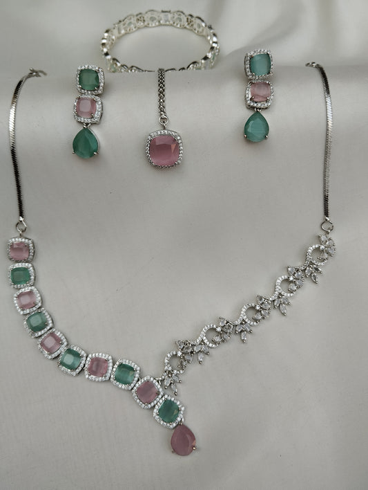 Pink & Mint Green American Diamond Cut Jewelry Set - Necklace Earrings Tikka