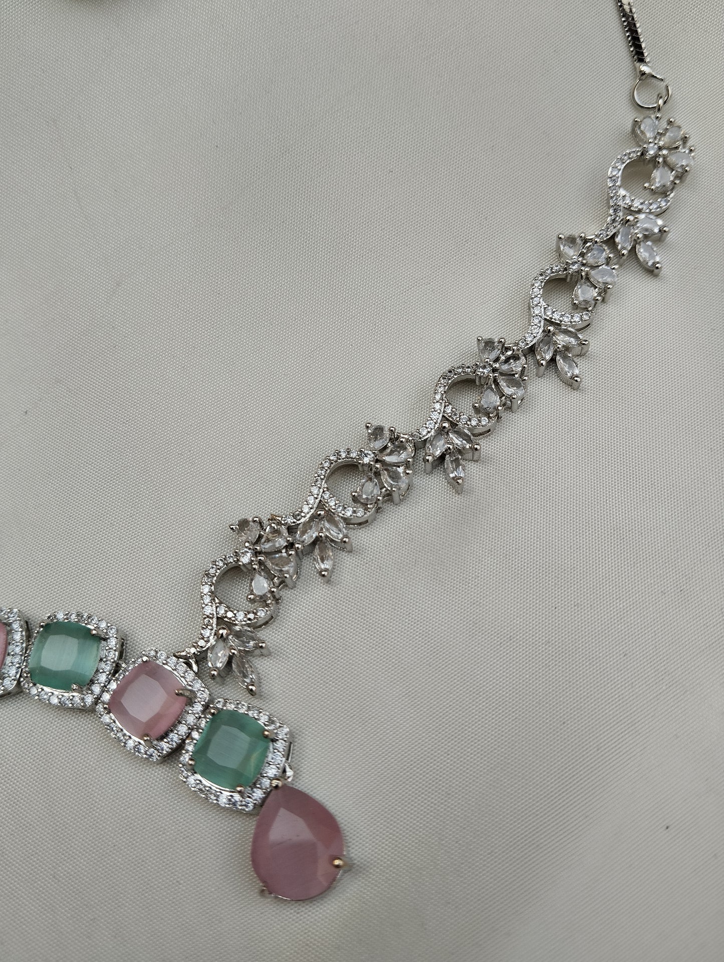 Pink & Mint Green American Diamond Cut Jewelry Set - Necklace Earrings Tikka