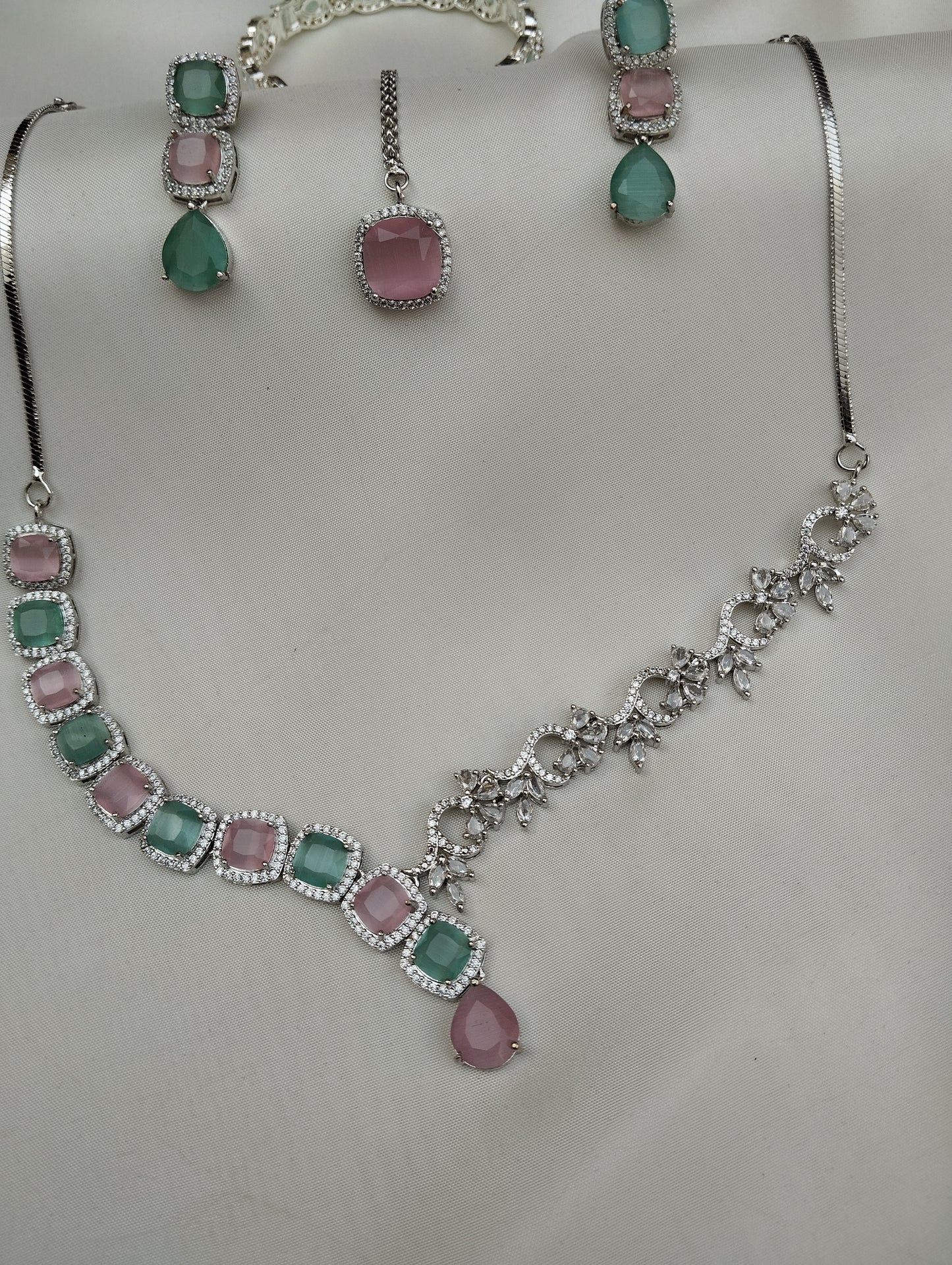 Pink & Mint Green American Diamond Cut Jewelry Set - Necklace Earrings Tikka