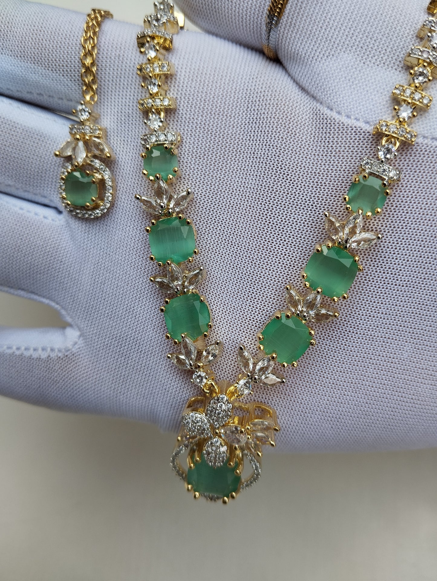 Royal Emerald American Diamond Necklace Set with Maang Tikka