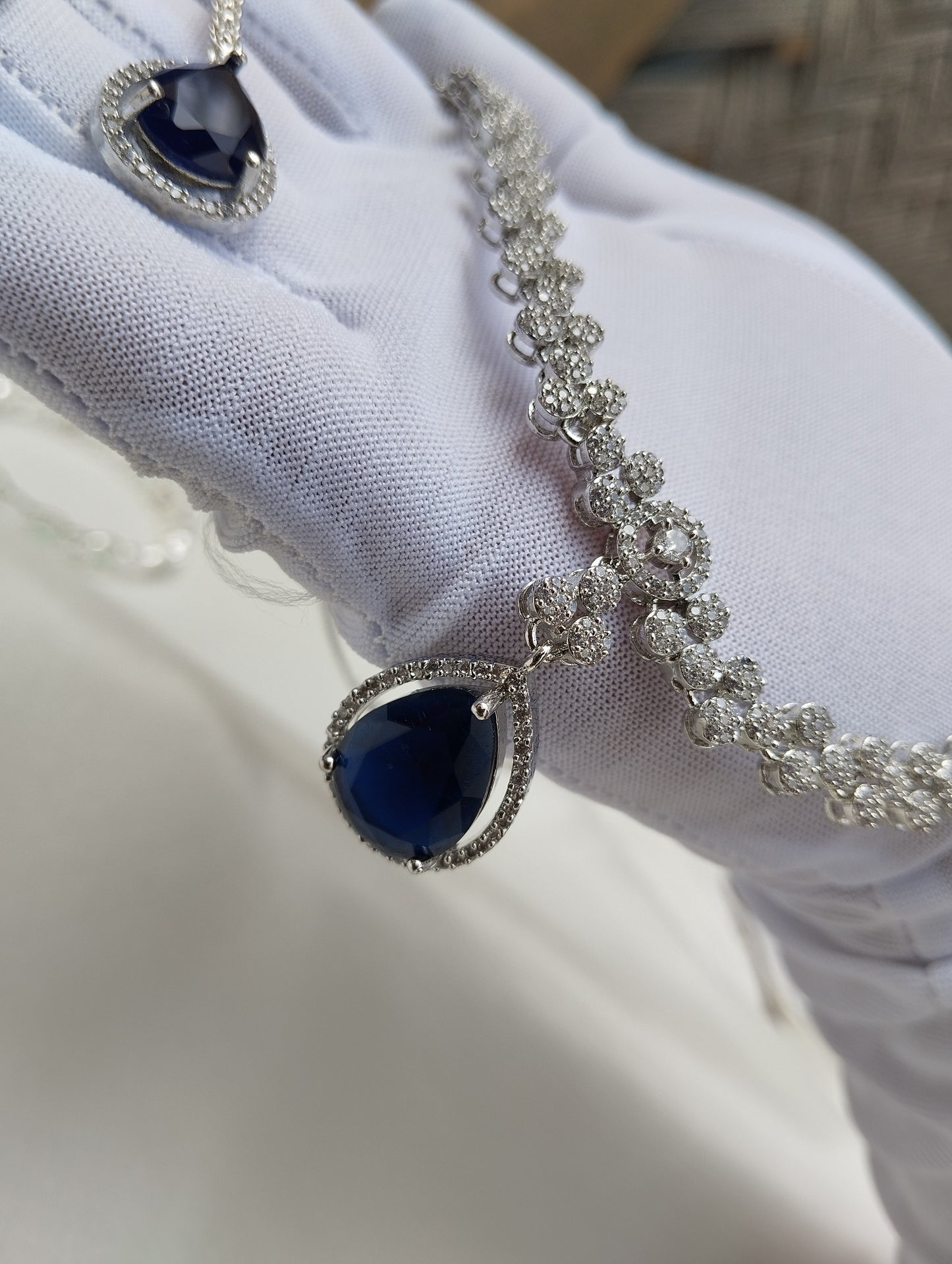 Midnight Sapphire Blue Diamond Cut Necklace Set with Maang Tikka and Earings