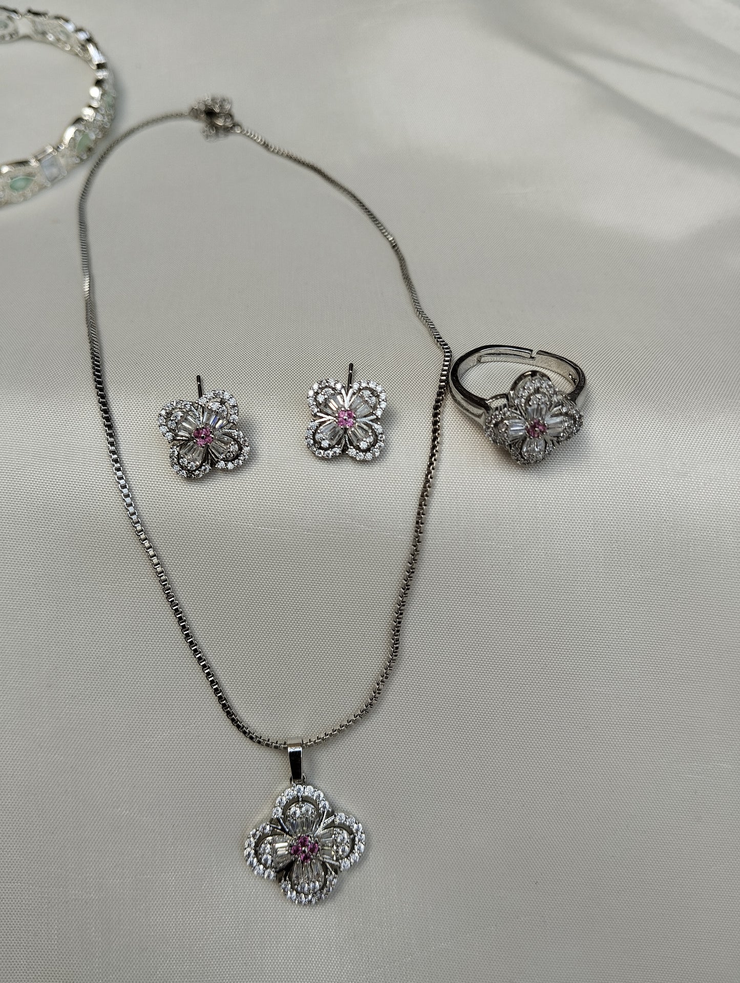 Pink Clover American Diamond Pendant Set with Earrings & Ring