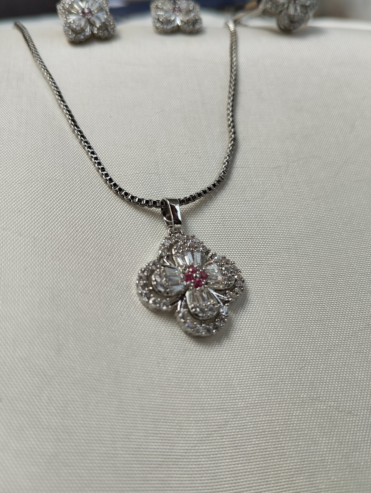 Pink Clover American Diamond Pendant Set with Earrings & Ring