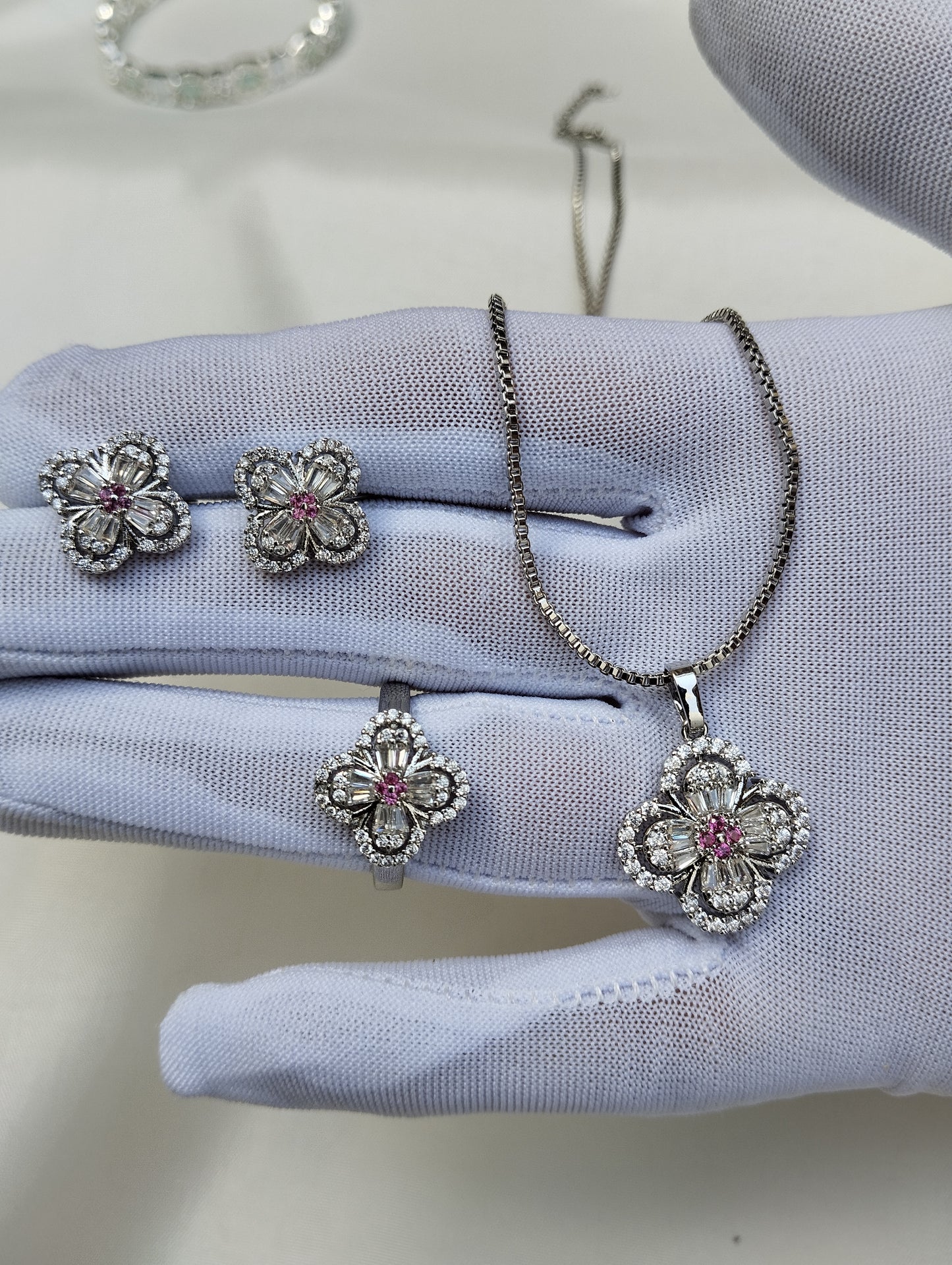 Pink Clover American Diamond Pendant Set with Earrings & Ring