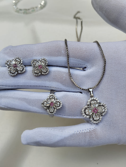 Pink Clover American Diamond Pendant Set with Earrings & Ring