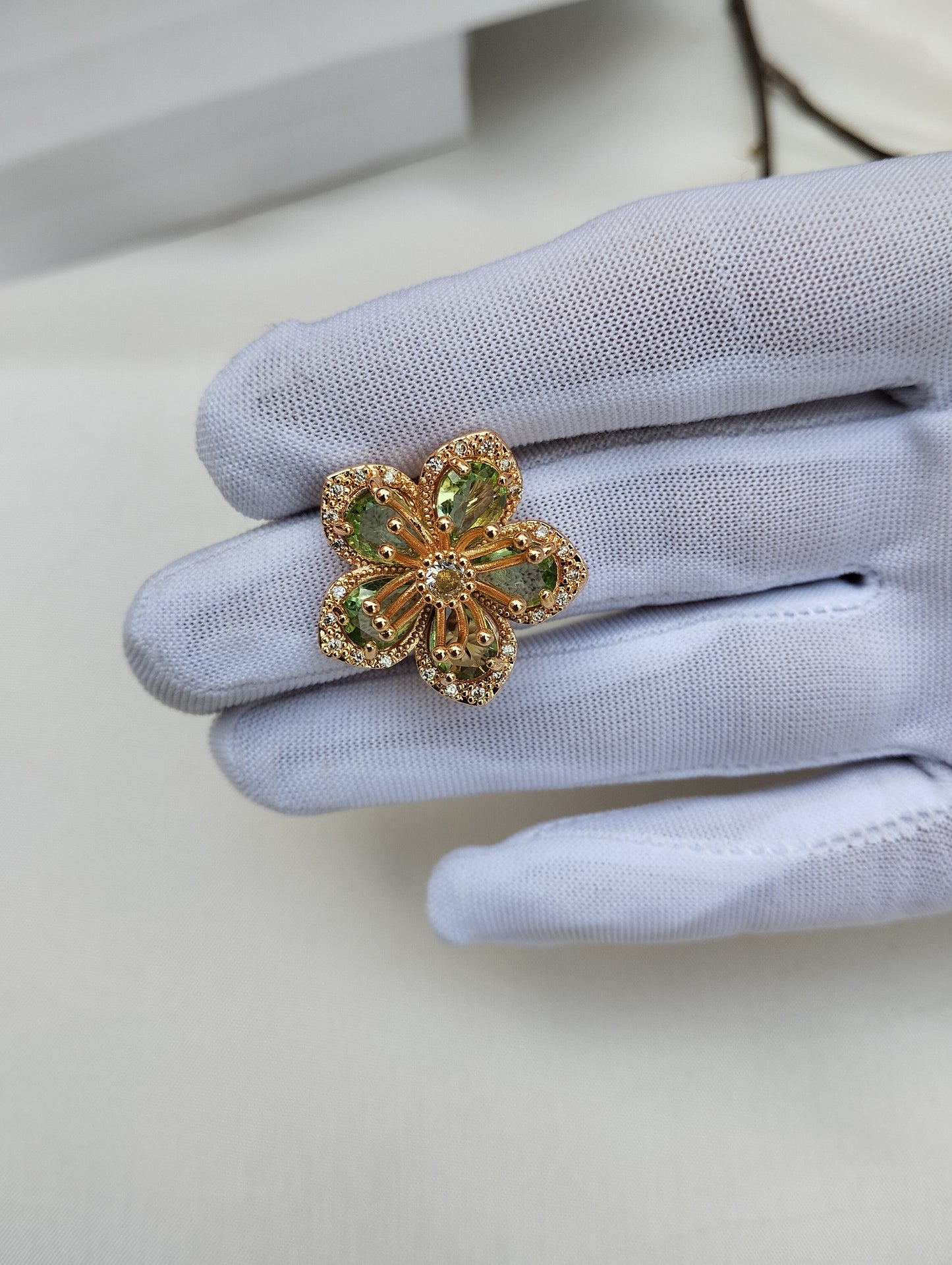 Golden Peridot Bloom American Diamond Cocktail Ring