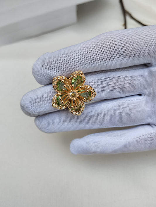 Golden Peridot Bloom American Diamond Cocktail Ring