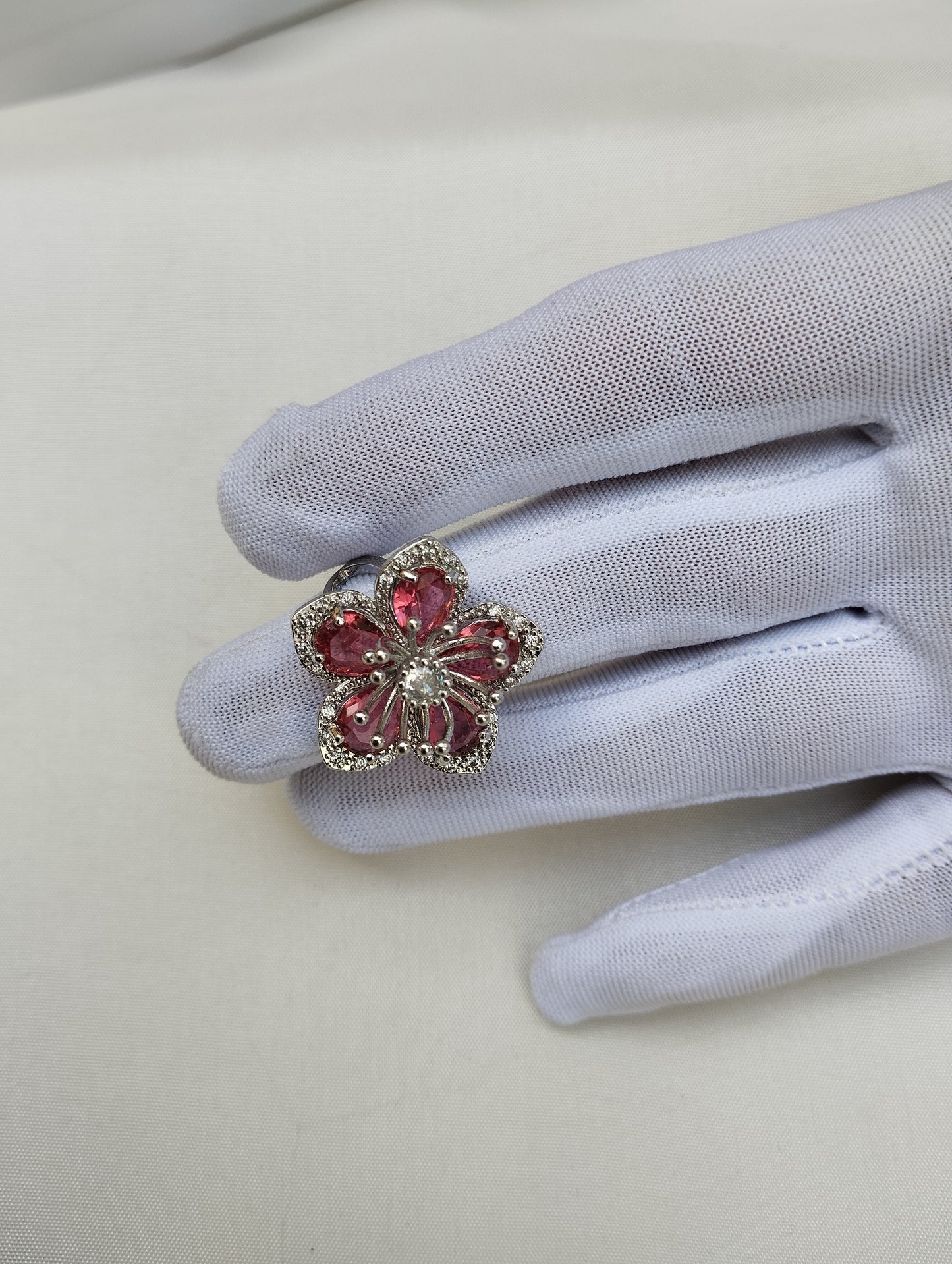 Silver Cherry Blossom American Diamond Cocktail Ring with Fuchsia Stones