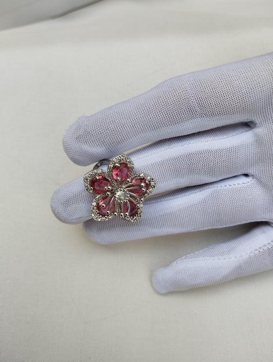 Silver Cherry Blossom American Diamond Cocktail Ring with Fuchsia Stones