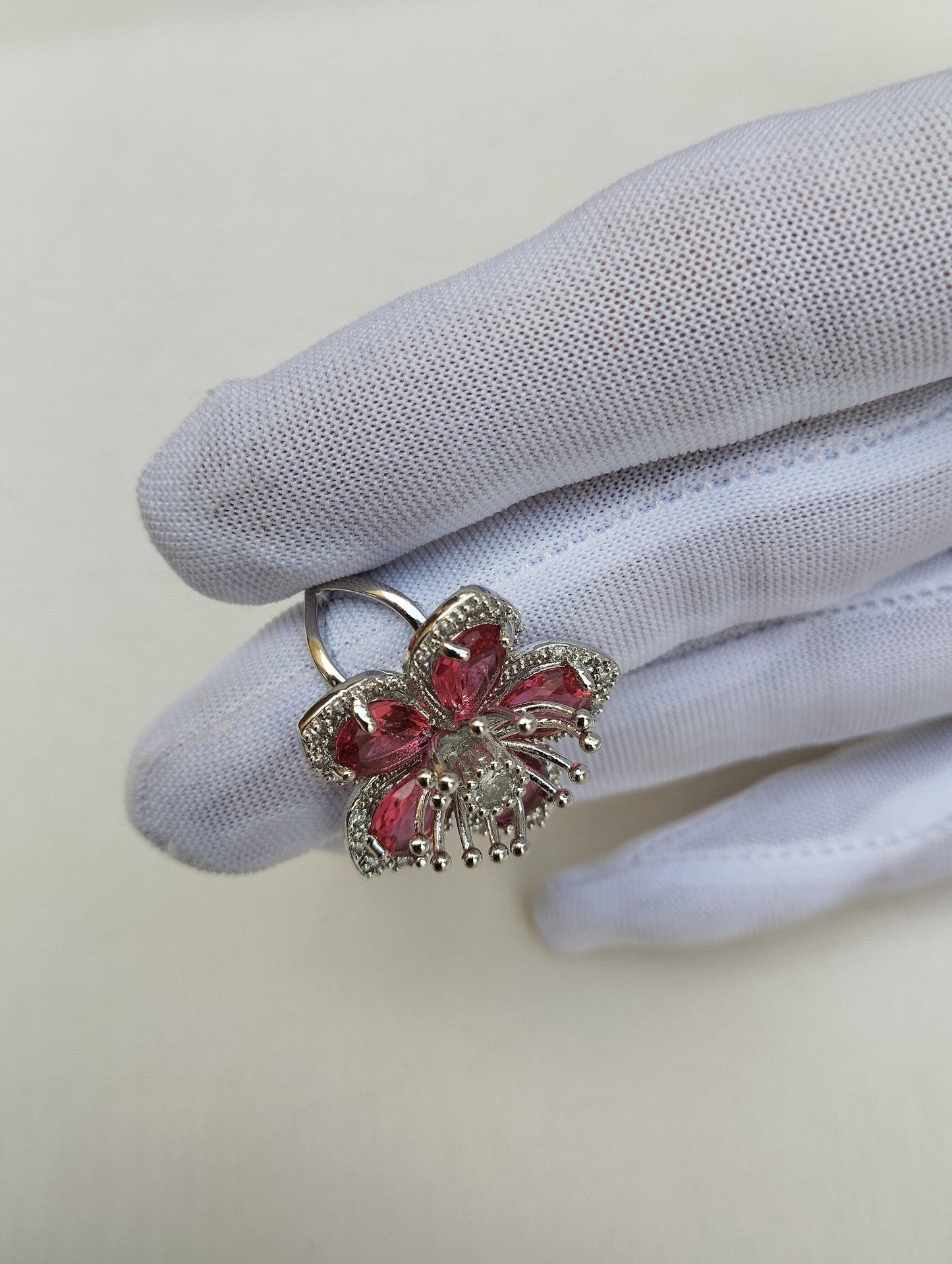 Silver Cherry Blossom American Diamond Cocktail Ring with Fuchsia Stones