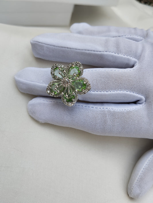 Silver Peridot Bloom American Diamond Cocktail Ring with Green Stones