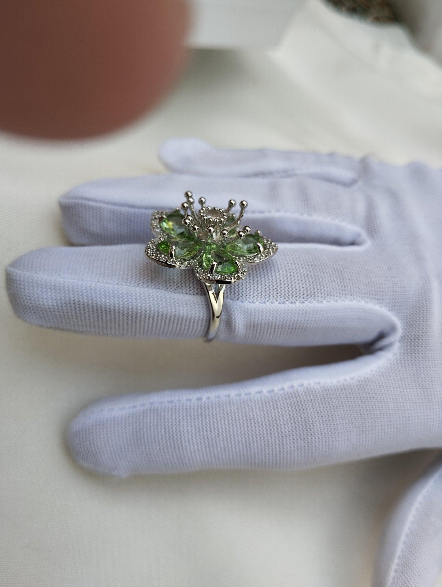 Silver Peridot Bloom American Diamond Cocktail Ring with Green Stones