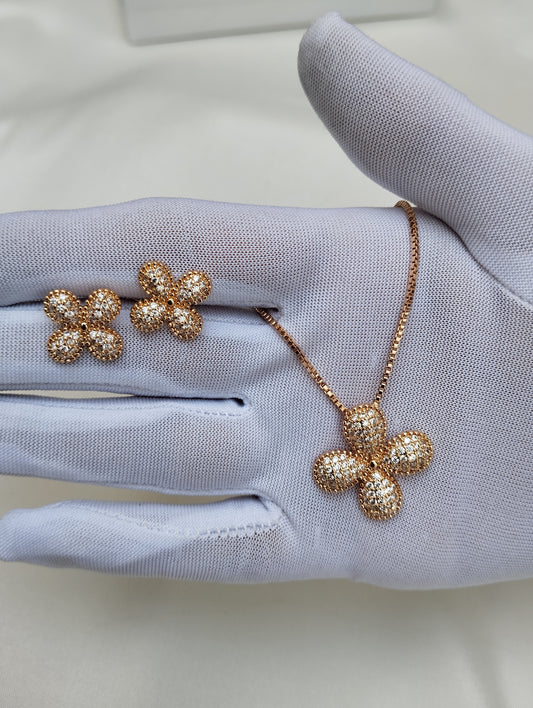 Golden Clover American Diamond Pendant Set with Earrings