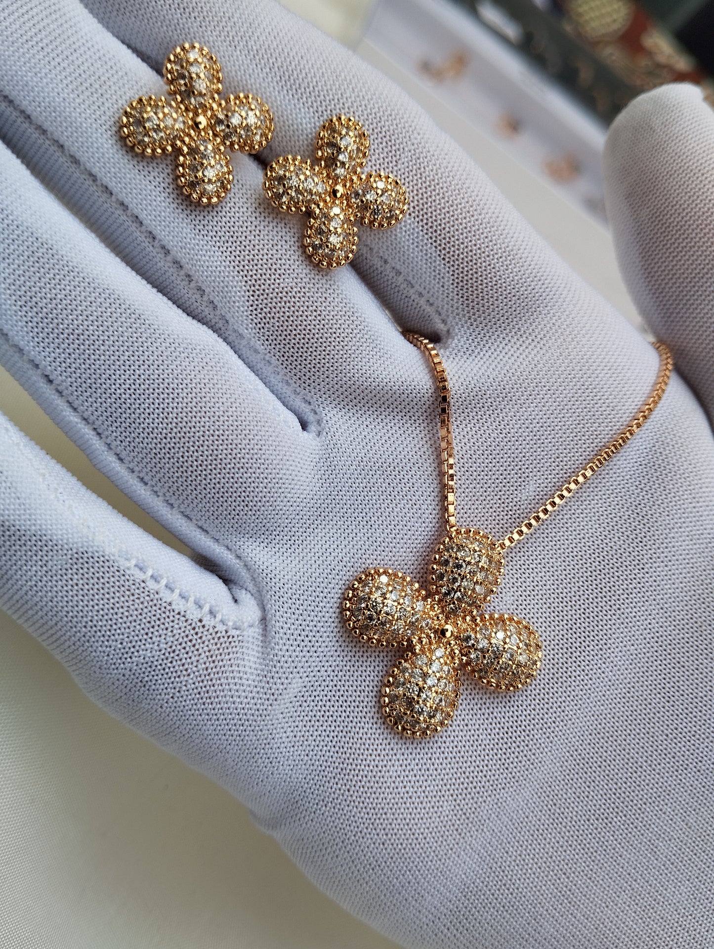 Golden Clover American Diamond Pendant Set with Earrings