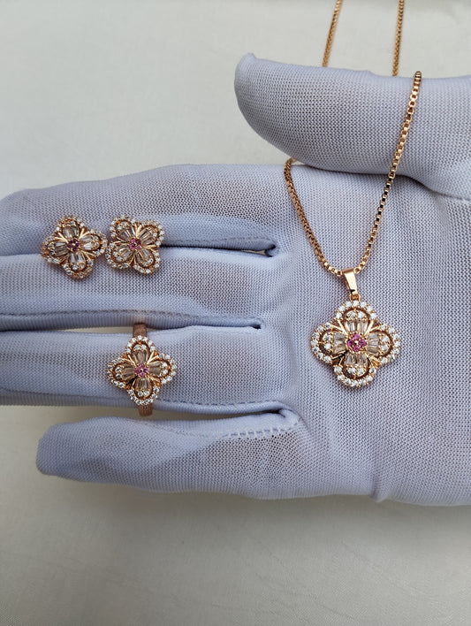 Rose Gold Blush Clover Set with Pendant, Earrings & Ring