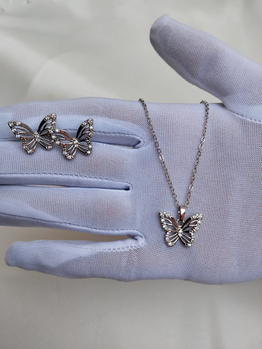 Silver Butterfly Pendant Set with Earrings