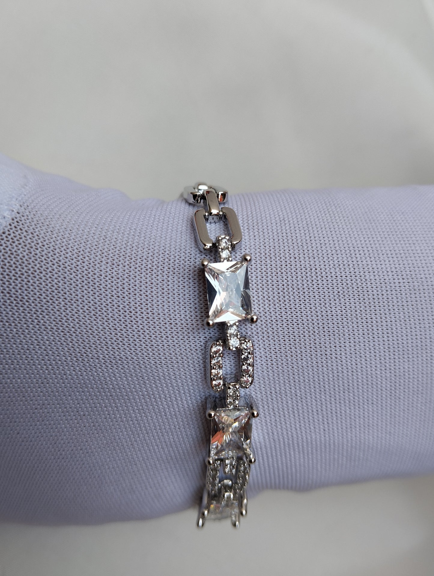 Radiant Link American Diamond Baguette Bracelet in Silver