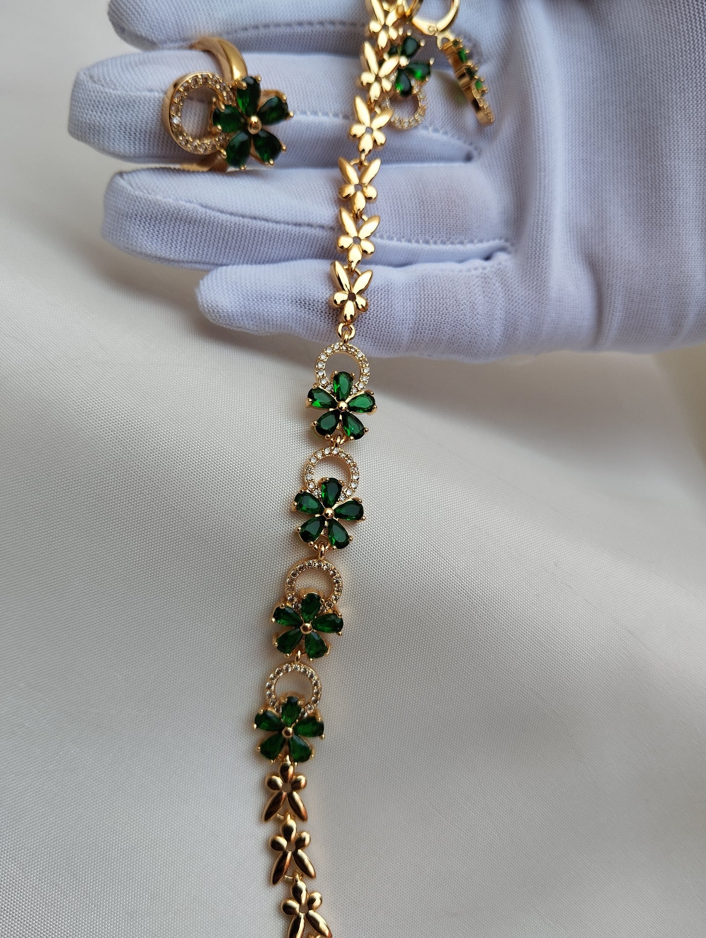 Emerald Garden Gold Plated American Diamond Bracelet Set with Ring & Earrings