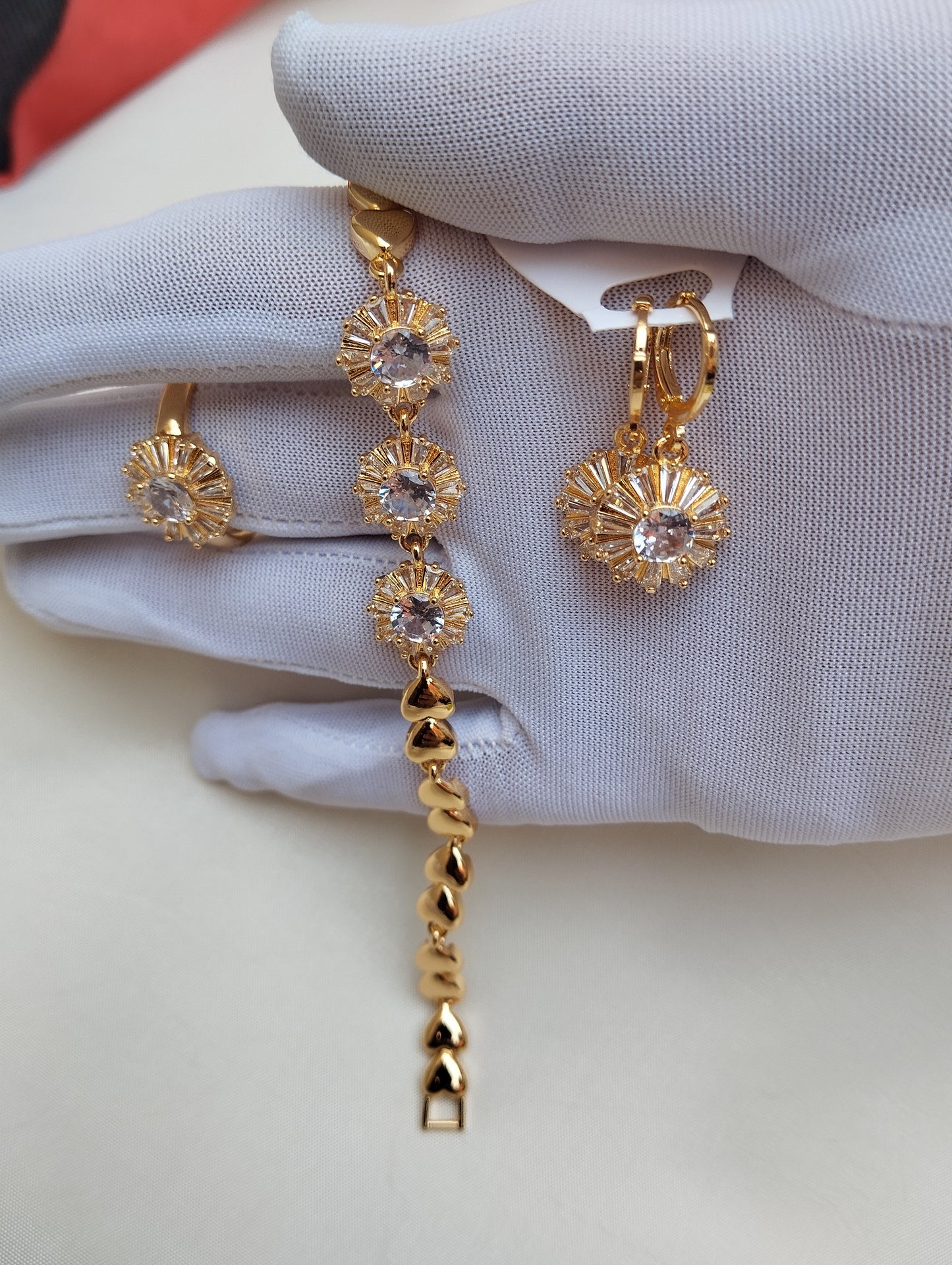 Golden Sunburst American Diamond Bracelet Set with Ring & Earrings