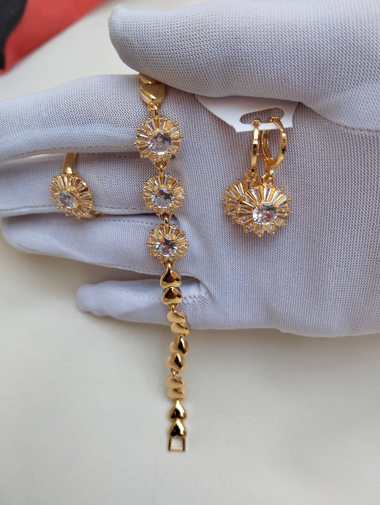 Golden Sunburst American Diamond Bracelet Set with Ring & Earrings
