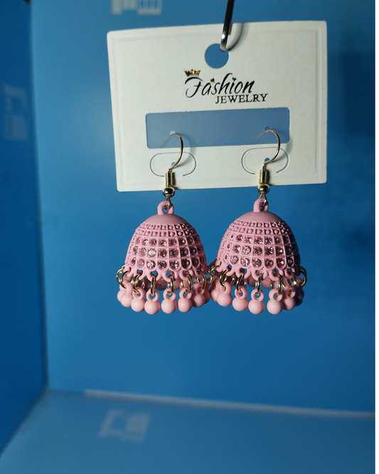 Pink Crystal Jhumka Earrings – Elegant Beaded Drop Earrings for Women