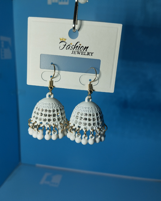 White Crystal Jhumka Earrings – Elegant Beaded Drop Earrings for Women