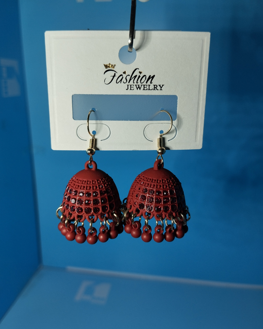 Maroon Crystal Jhumka Earrings – Elegant Beaded Drop Earrings for Women