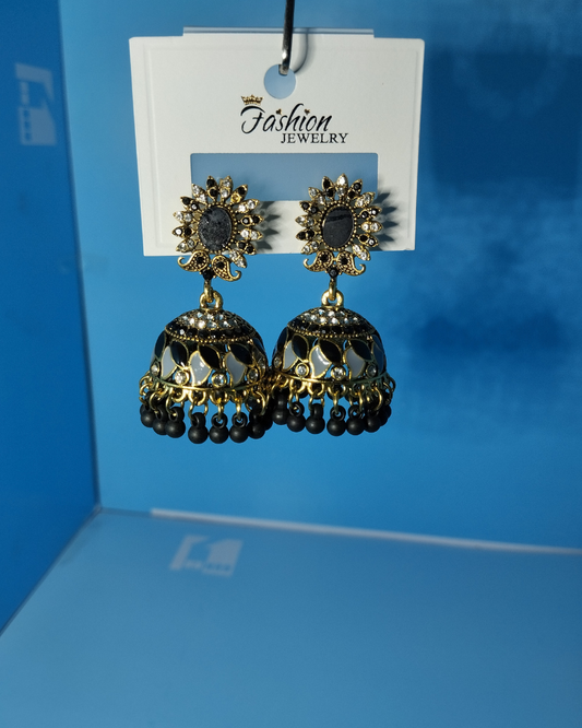 Ethnic Indian Gold-Tone Jhumka Earrings with Black & White Enamel and Beaded Drops