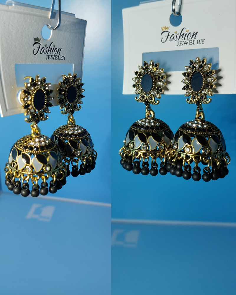 Ethnic Indian Gold-Tone Jhumka Earrings with Black & White Enamel and Beaded Drops