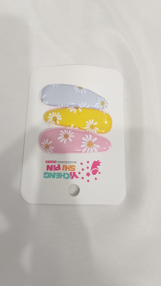 : Daisy Print Snap Hair Clips – Pastel Glossy Set | 3 Pcs