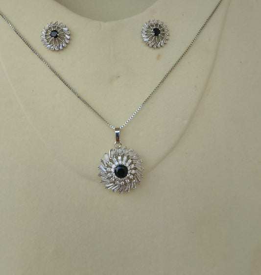 Rose Gold Sunburst Pendant Set with Earrings – Black Stone
