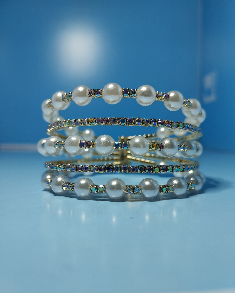 Multi-Strand Pearl & Iridescent Crystal Coil Bracelet | Free Size Cuff