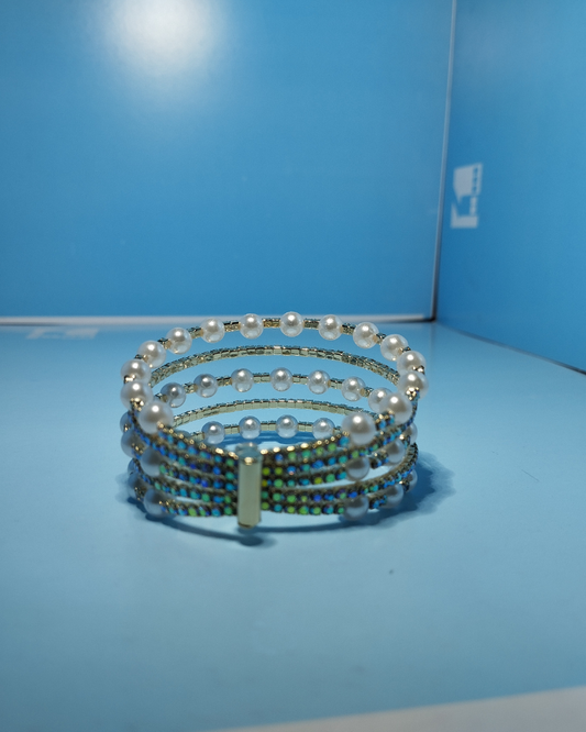 Multi-Strand Pearl & Iridescent Crystal Coil Bracelet | Free Size Cuff