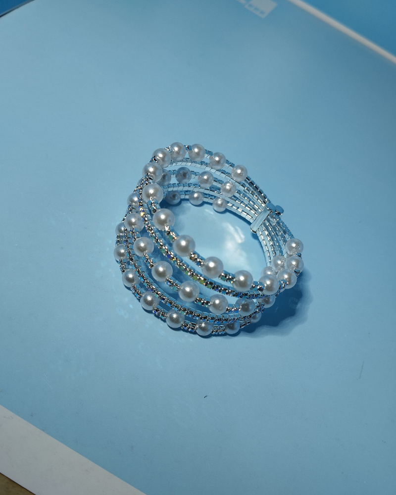 Multi-Strand Pearl & Iridescent Crystal Coil Bracelet | Free Size Cuff