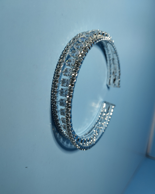 Dazzling Silver-Toned Open Cuff Bracelet with Multi-Row CZ Crystals
