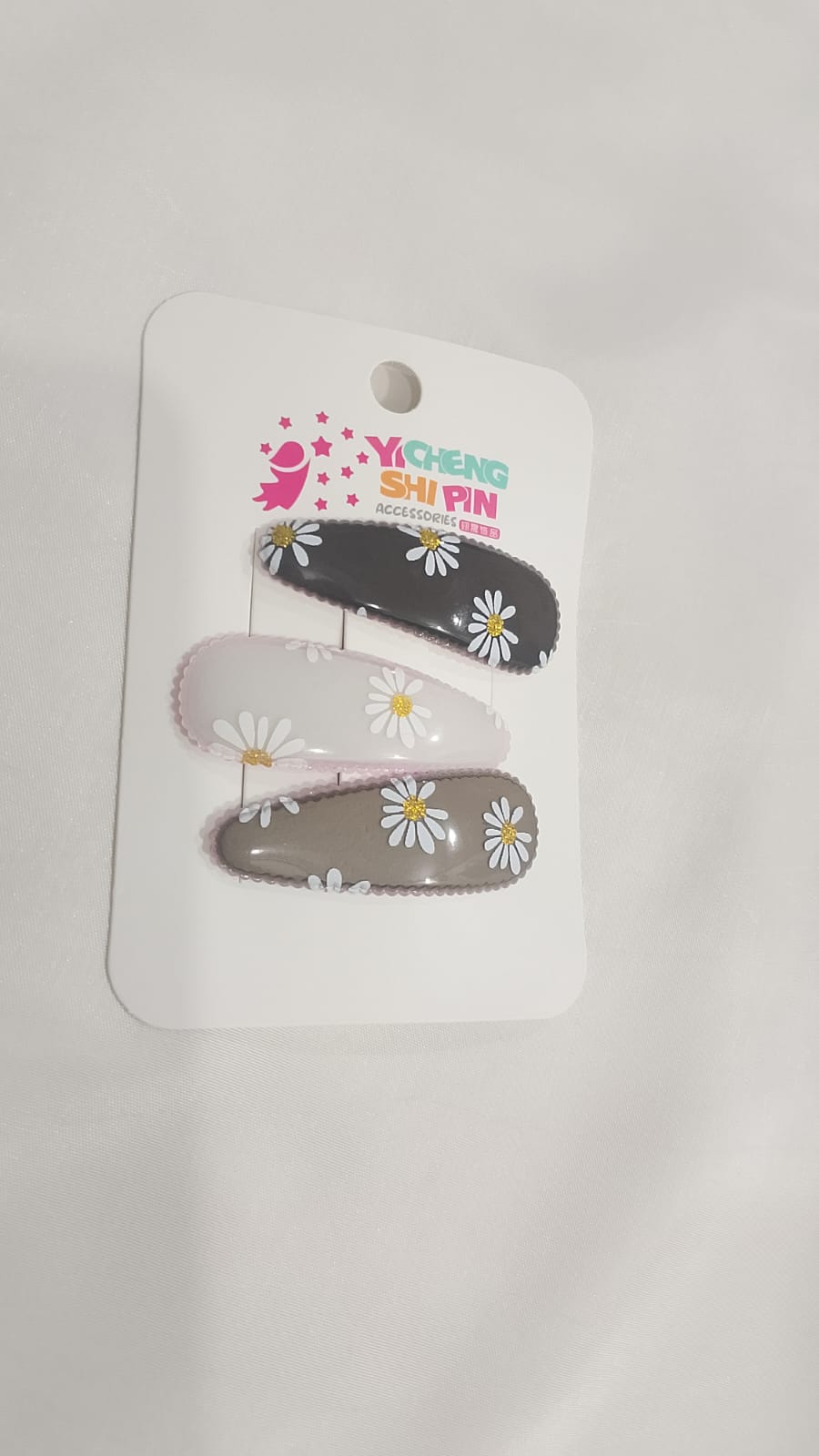 : Daisy Print Snap Hair Clips – Pastel Glossy Set | 3 Pcs