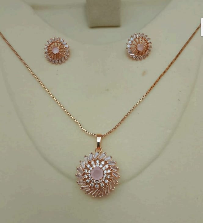 Rose Gold Sunburst Pendant Set with Earrings – Pink Stone