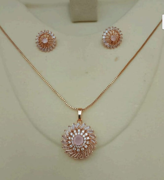 Rose Gold Sunburst Pendant Set with Earrings – Pink Stone