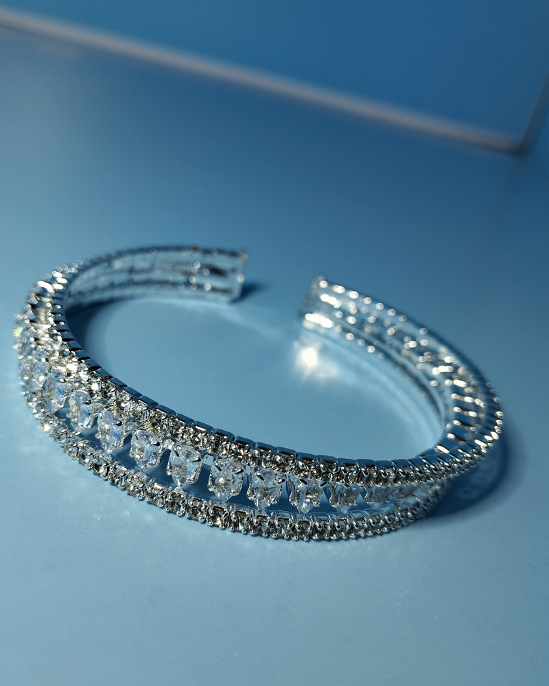 Dazzling Silver-Toned Open Cuff Bracelet with Multi-Row CZ Crystals