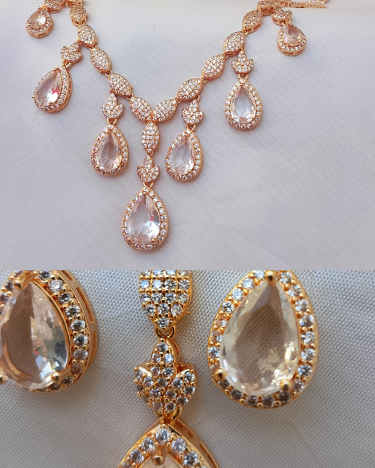 Elegant Crystal Teardrop Necklace Set | Champagne Crystal