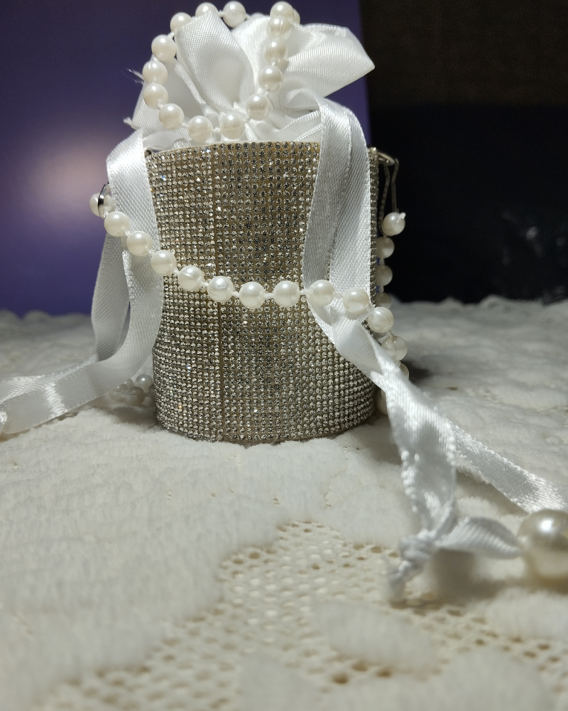 Luxury Rhinestone Mini Bucket Bag with Pearl Handle – Elegant Party Handbag