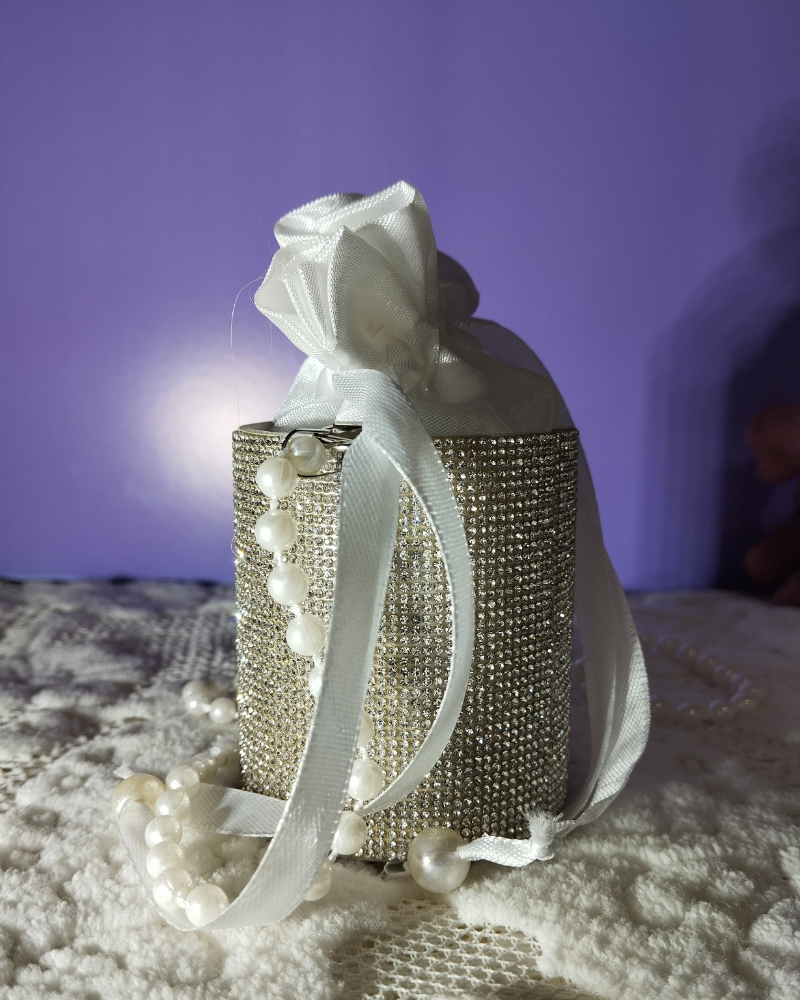 Luxury Rhinestone Mini Bucket Bag with Pearl Handle – Elegant Party Handbag