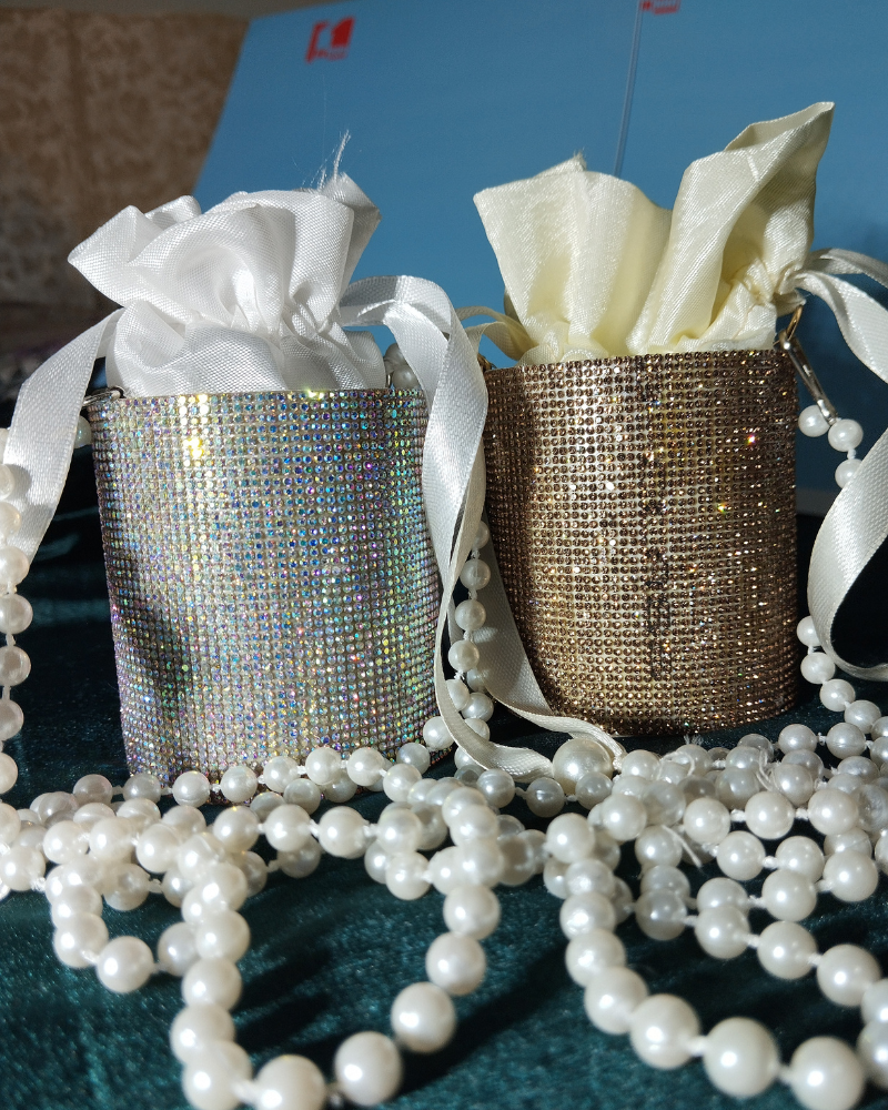 Luxury Rhinestone Mini Bucket Bag with Pearl Handle – Elegant Party Handbag