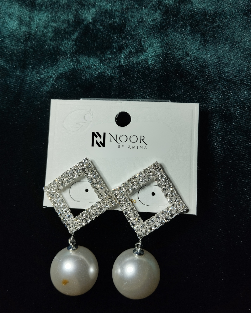 Chic Crystal Square and Pearl Drop Earrings