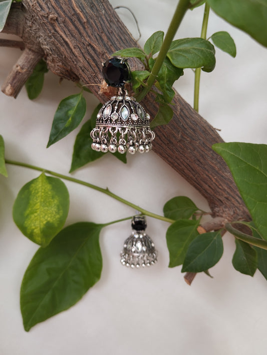 Elegant & Regal Navy Blue Stone Oxidized Jhumka Earrings