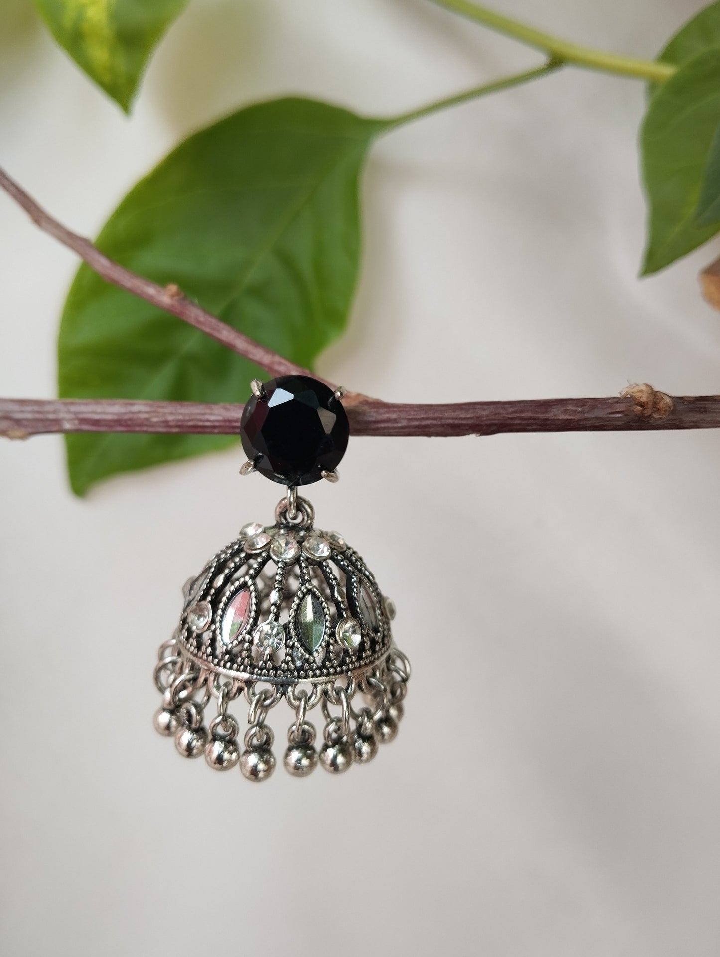 Elegant & Regal Navy Blue Stone Oxidized Jhumka Earrings