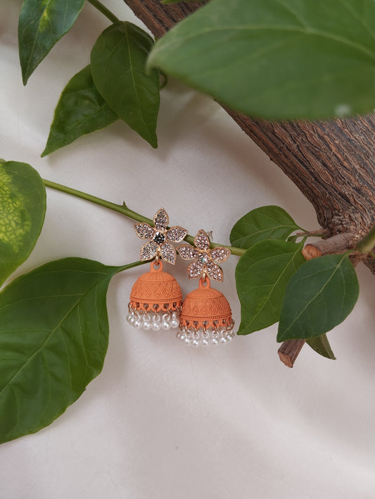Fresh & Festive Peach Matte Floral Jhumka Earrings with Pearls