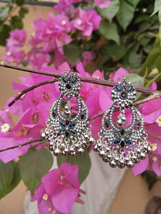 Multi-Stone Oxidized Silver Chandbali Earrings