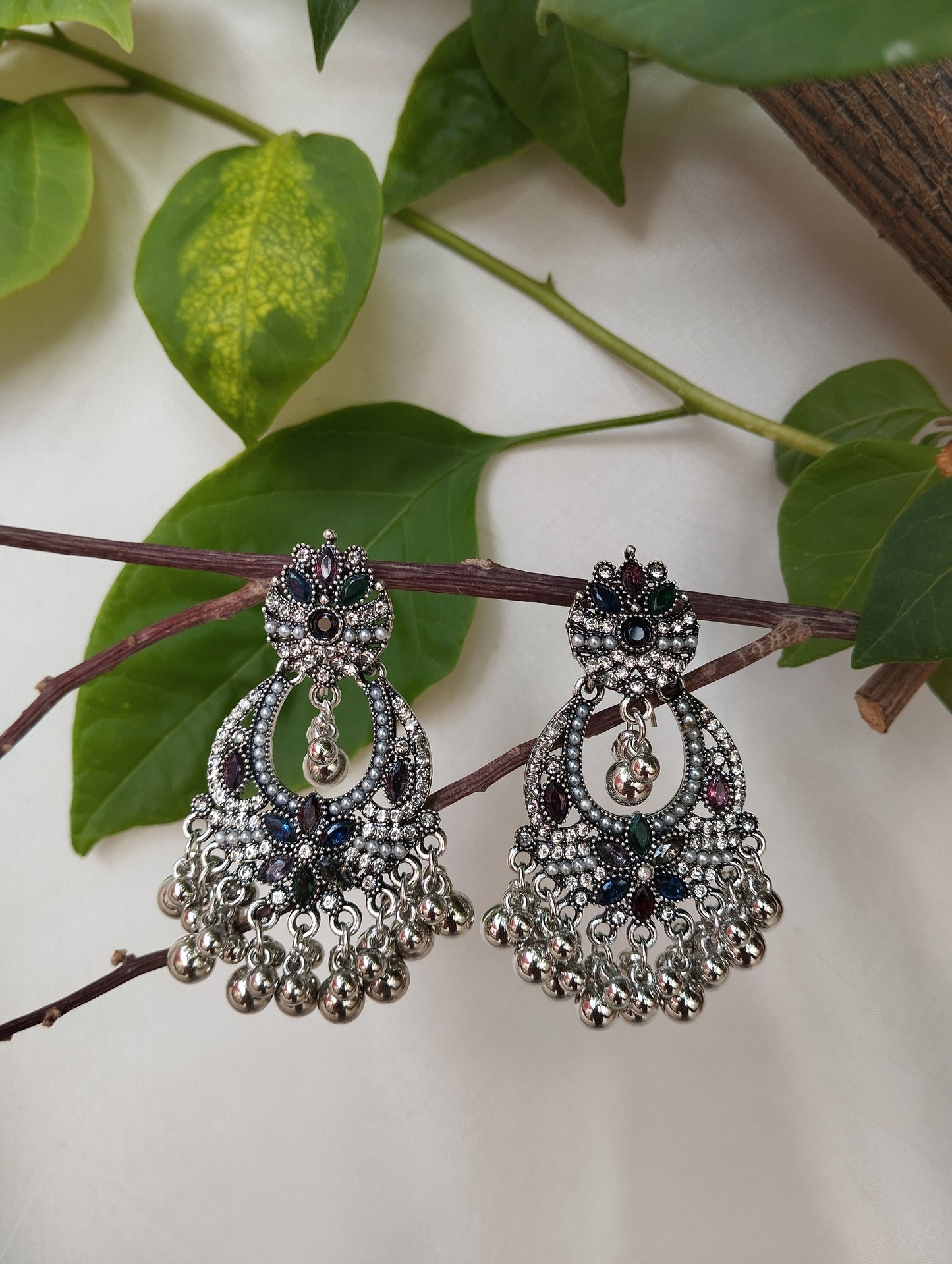 Multi-Stone Oxidized Silver Chandbali Earrings