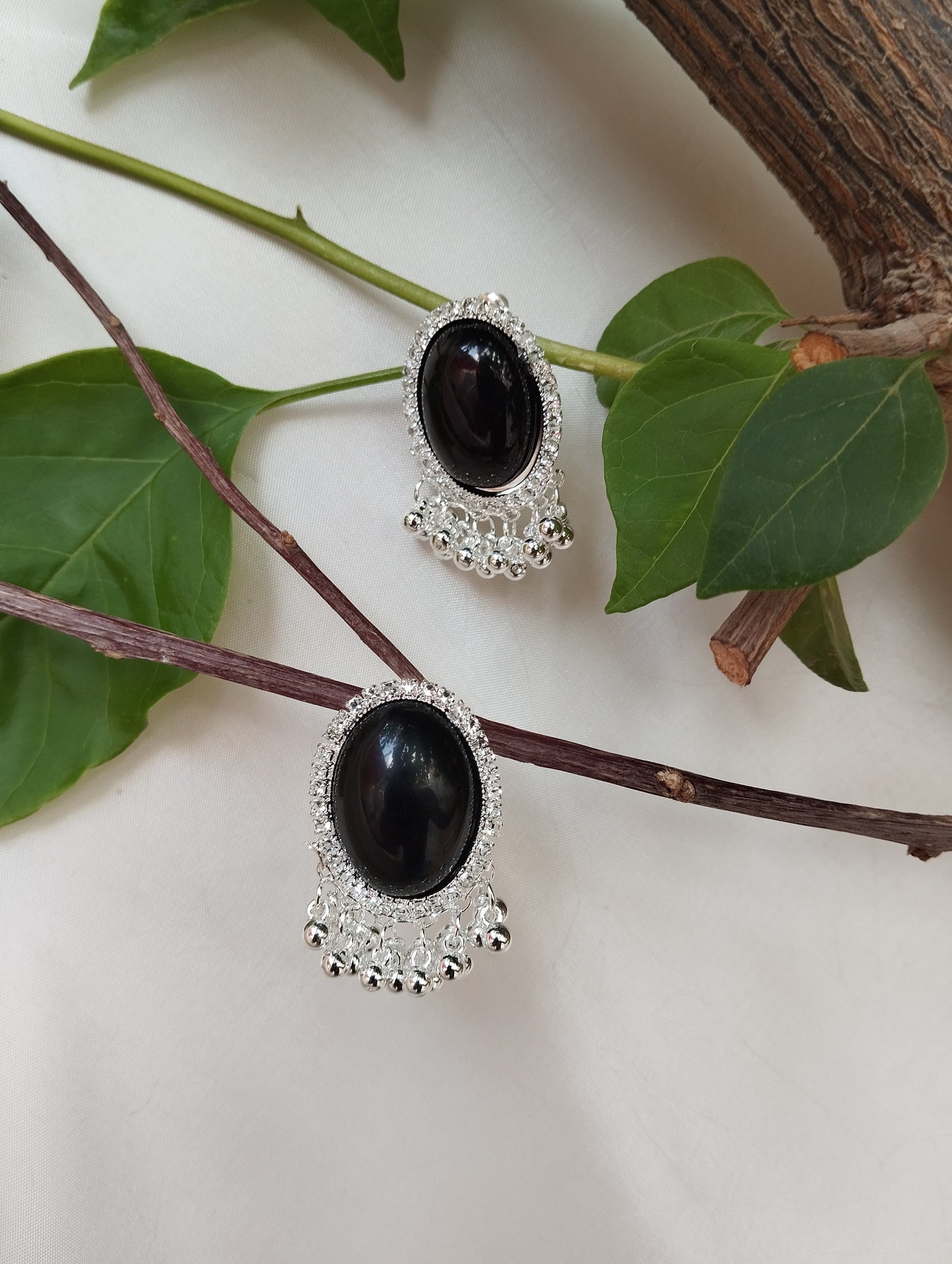 Black Stone Silver Plated Crystal Tassel Stud Earrings